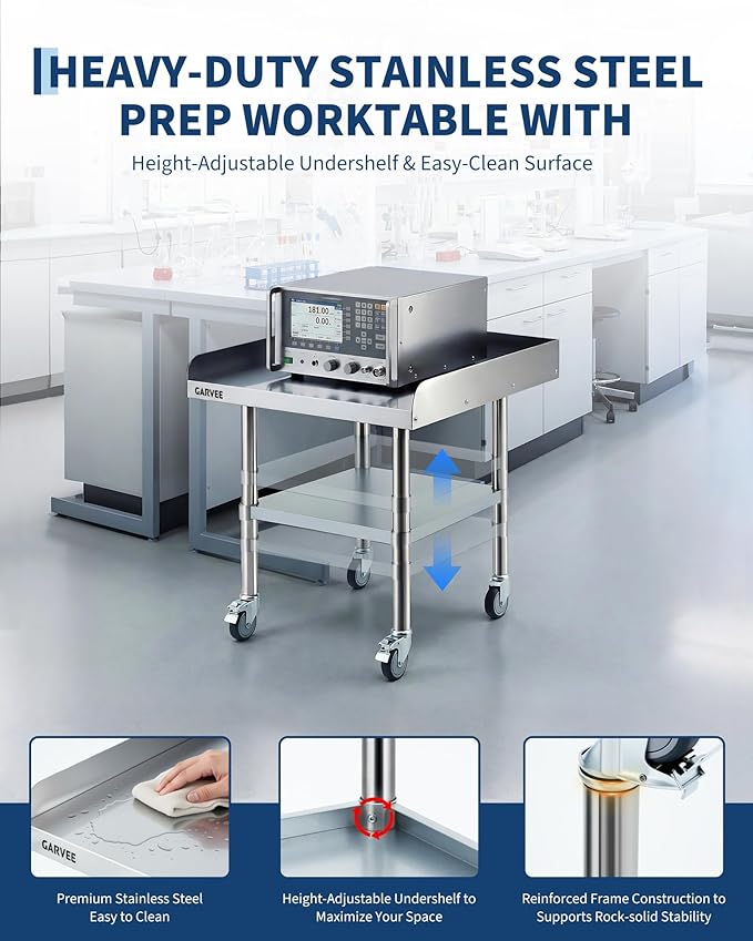 Garvee Stainless Steel Work Table, 24x24x26 Inch Commercial Food Prep Worktable with Wheels, Detachable 3-Sided Backsplash & Height-Adjustable Shelf, Heavy Duty Workbench for Kitchen Restaurant Garage