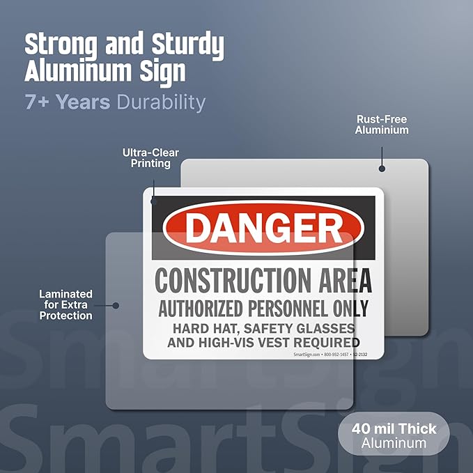 SmartSign - S-8968-AL-14 "Danger - Construction Area, Authorized Personnel Only" Sign | 10" x 14" Aluminum Black/Red on White