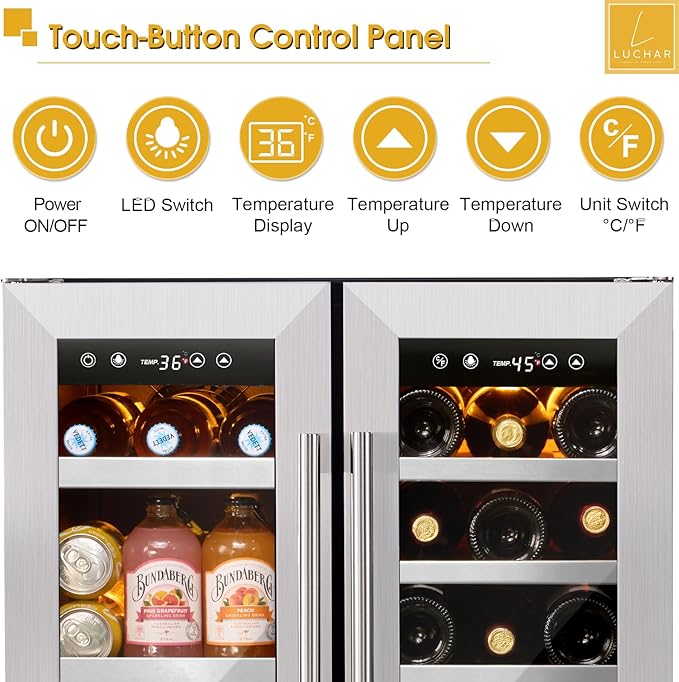 24 Inch Wine and Beverage Refrigerator, Dual Zone Wine and Drink Fridge with Glass Door&Lock for 20 Bottles and 60 Cans, Under Counter Wine Cooler Refrigerator Built-in Counter or Freestanding
