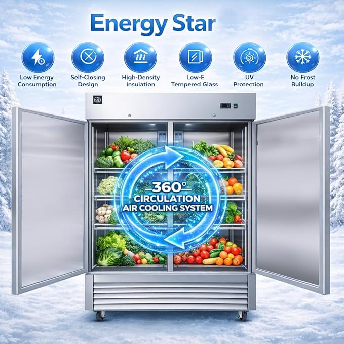 Commercial Refrigerator 2-Doors Solid Upright Reach in Two Section Inside Stainless Steel 54" Width, Capacity 43 Cuft, Bottom Mounted Restaurant Quality Kitchen Cooler Fridge, NSF Certified