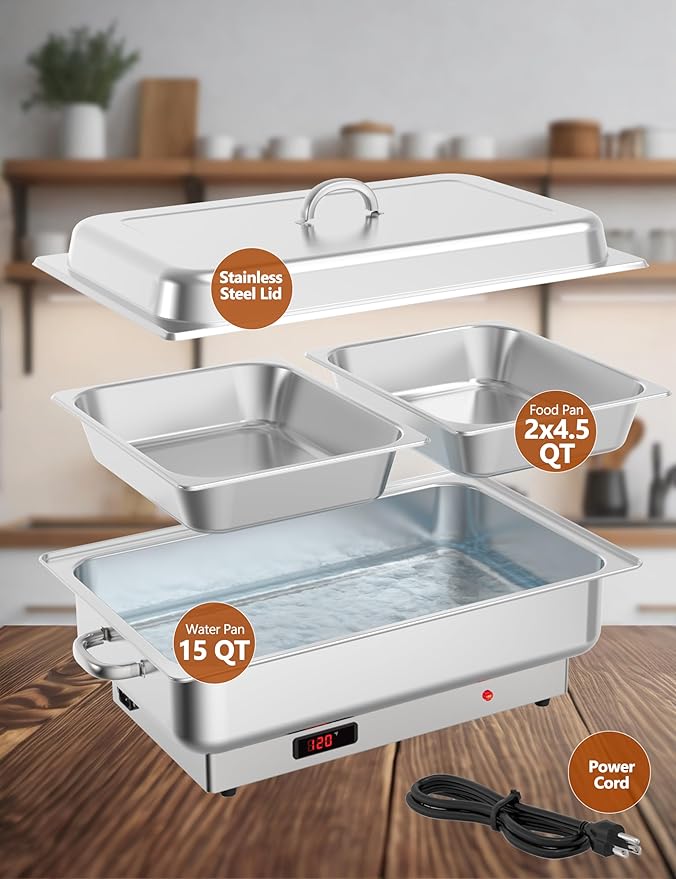 2 Pack Electric Chafing Dish Buffet Set, 2 x 4.5QT Food Servers and Warmers, Stainless Steel Commercial Food Warmers with Temperature Control Display for Weddings, Parties and Festivals