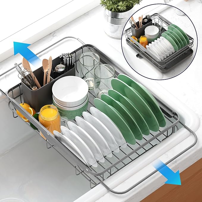 Kitsure Dish Drying Rack for Kitchen Counter, Stainless Steel Sink Organization and Storage Essentials with Cutlery Holder, Home and Appartment Decor, 12.2''W x 15.7''~23''L, Grey