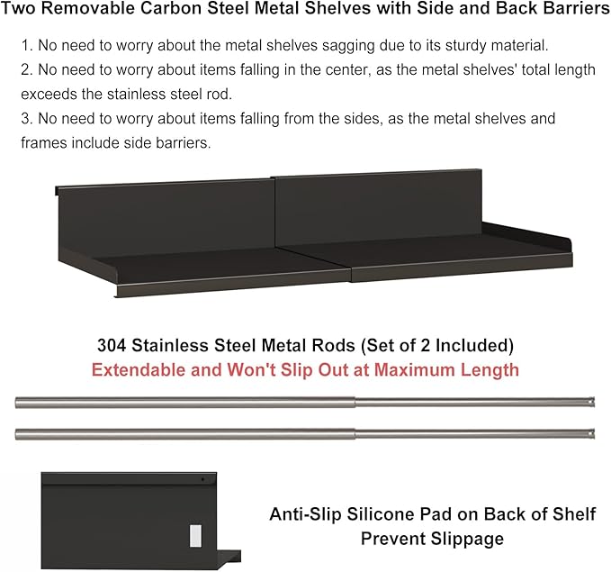 Expandable Under Cabinet Shelf Organizer with 0.94-Inch Thick Clips, Heavy Duty Extendable Under Shelf Storage Basket for Pantry or Laundry Room, Black, 2 Pack, Interior: 4.13" H x 7.2" D