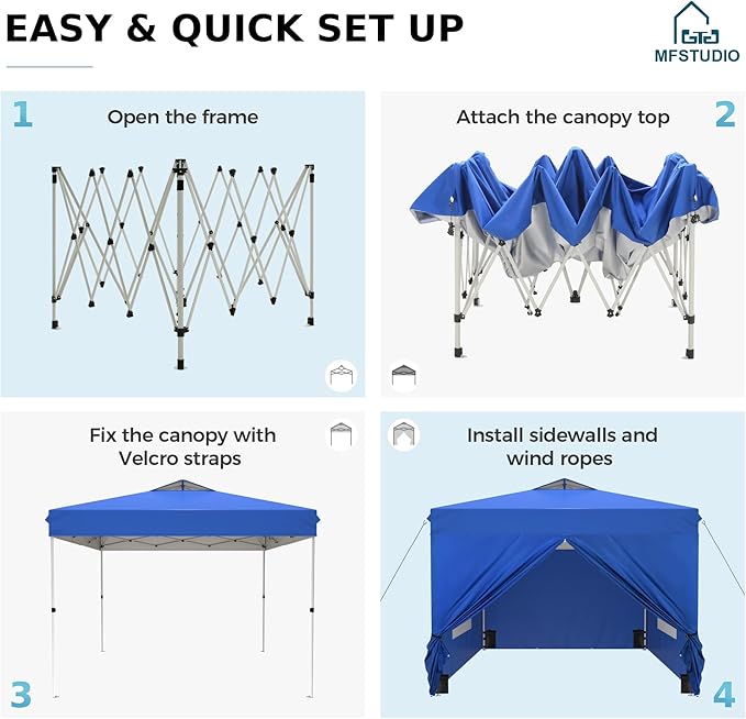 MFSTUDIO 10x10 Pop Up Canopy Tent with Removable Sidewalls, Outdoor Enclosed Instant Portable Shelter with Breathable Mesh Windows, One Person Setup, Blue