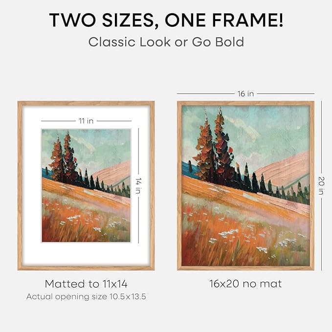 Homeforia 16x20 Wooden Frame, High End Natural Oak 16x20 Light Wood Picture Frame with Mat 11x14, 16 by 20 Poster Frames Matted to 11 x 14 Photo, 20by16 Thin Frames, Tempered Glass, Wall Kit, Set of 4