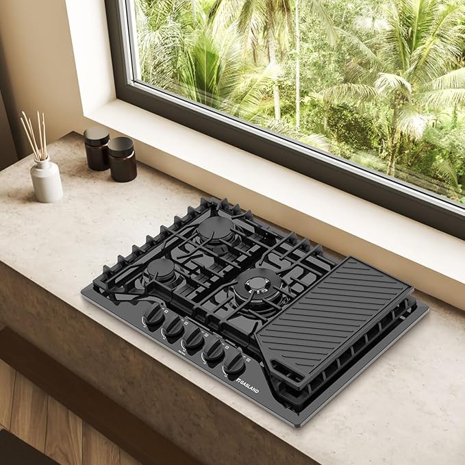 GASLAND 30 Inch Gas Cooktop with Griddle Black, PRO GH3305EF Gas Stovetop with 5 Burners, Reversible Cast Iron Grill/Griddle, Plug-in, NG/LPG Convertible, 120V Black, CSA certified