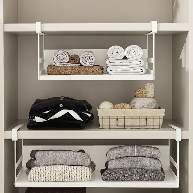 Expandable Under Cabinet Shelf Organizer with 1.25 Inches Thick Clips, Heavy Duty Extendable Under Shelf Storage Basket for Pantry or Laundry Room, White, 2 Pack, Interior: 5.7" H x 8.54" D