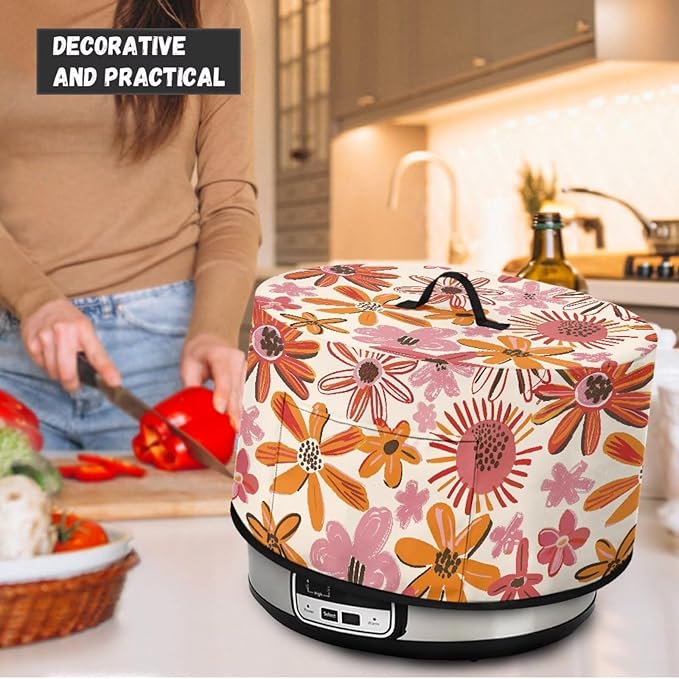 Doodle Daisy Floral Print Slow Cooker Dust Cover Compatible with 6/7/8 Quart Slow Cooker Dust Proof Electric Slow Cooker Cover with Storage Pocket for Crock Pot Decor