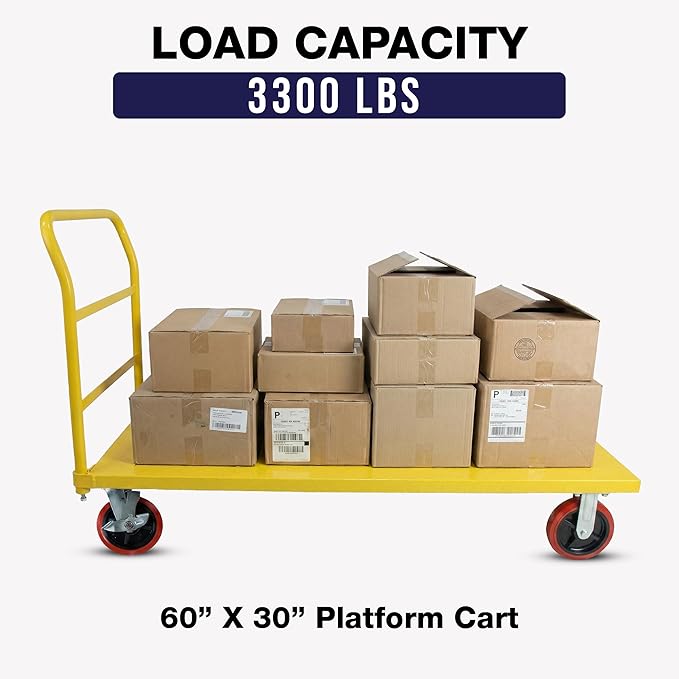 Platform Cart Industrial Dolly Cart 3300LB Heavy Duty 60” x 30” Platform Hand Truck Push Cart Super Heavy Duty Diamond Plate Commercial Flatbed Cart with 8'' Moving Swivel Wheels (Yellow)