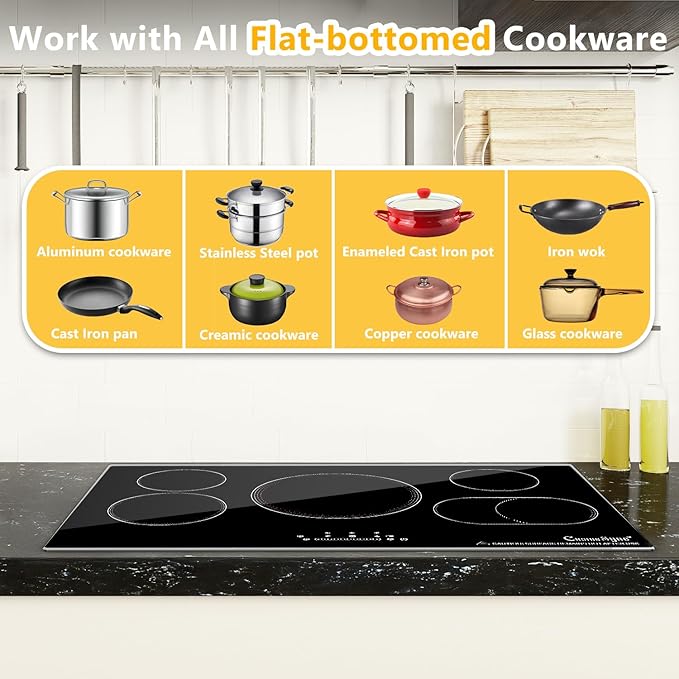 36 Inch Built-In Radiant Electric Cooktop, 5 Burner Smoothtop Stove Top with Triple Expandable Zone, 9200W 240V Hardwired Touch Control, 9 Power Levels, Timer, Child Lock & Hot Surface Indicator