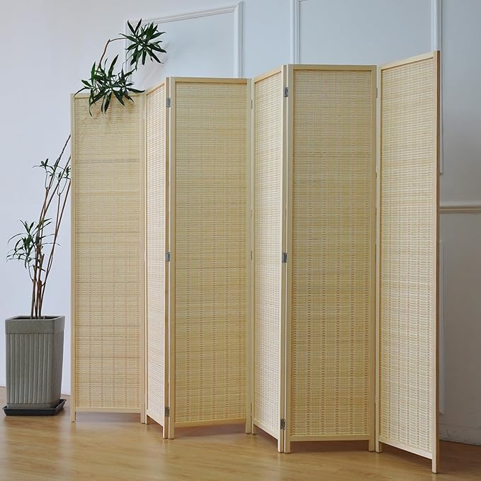 6 Panel Bamboo Room Divider and Folding Panel Screen,Bamboo Panel Divider for Room Separation,Beige,67" H x 92.1" W