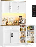 HIFIT 71" LED Pantry Cabinet with Power Outlet, Tall Kitchen Hutch Storage Cabinet with Microwave Stand & 6 Door Shelves, Modern Food Pantry Cabinets with Drawer for Kitchen Dining Living Room, White