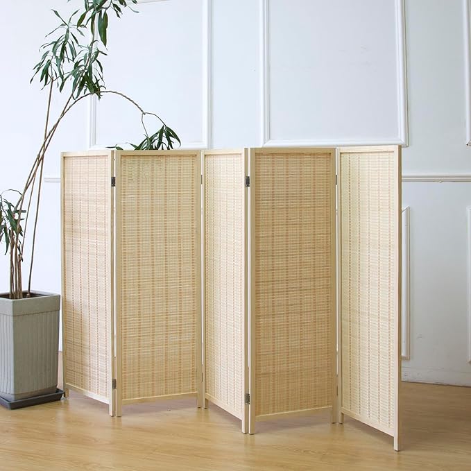 5 Panel Short Room Divider Screen,Beige Freestanding Partition,Small Bamboo Panel Divider for Room Seperation,3.95 FT Tall