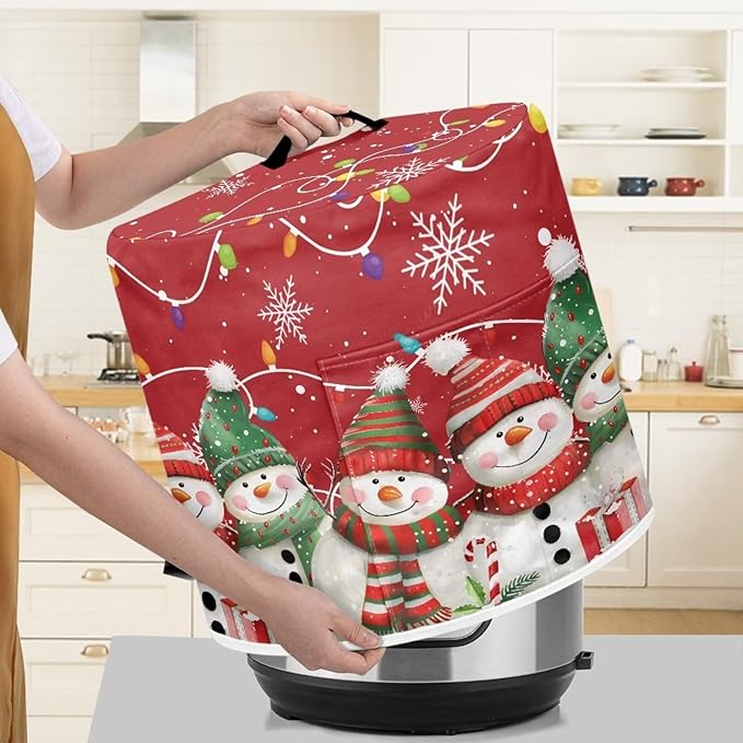 Christmas Theme 3 Quart Pressure Cooker Cover with Top Handle and Storage Pocket Cute Snowman Bulb Lights Print Kitchen Appliance Air Fryer Rice Cooker Protector Cover