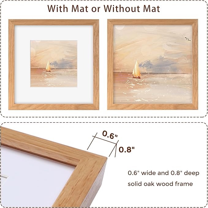 Fun Memories 12x12 Picture Frames Set of 3, Natural Oak Wood Frame With Mat for 10 x 10, Square With Tempered Real Glass, Gallery Wall Set