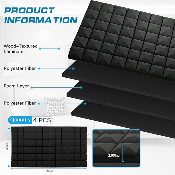 4 PCS Acoustic Panels,48''X24''X2'' Sound Proof Foam Panels for Walls,High Density Fire Resistant & Noise Absorbing for Studio, Office, Home (Black, 4 Pack)