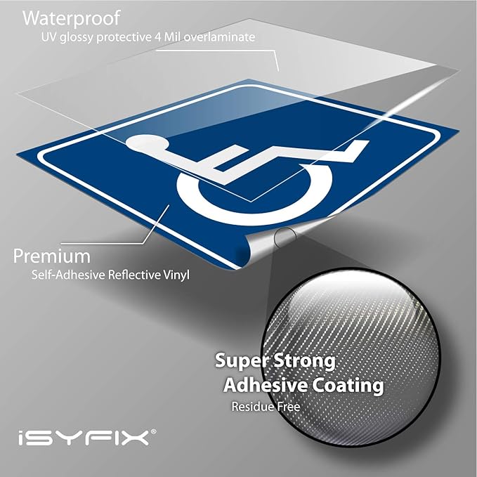 iSYFIX Handicap Signs Stickers Decal Symbol - 4 Pack Reflective Silver 3x3 Inch - Self-Adhesive Vinyl, Decal, Laminated for Ultimate UV, Weather, Scratch, Water and Fade Resistance, Indoor & Outdoor