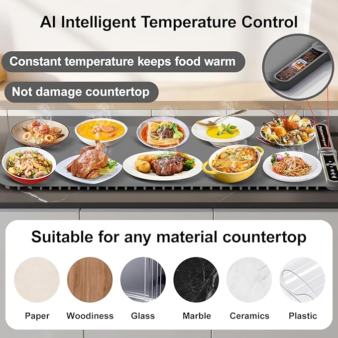 Extra Large Warming Mat for Food XXL:40”X15” Soft Electronic Food Warmers for Parties Buffet Silicone Food Warming Mat 6-Level Timer 9-Level Temp Control 18H Auto-Off 8S Fast Heating Grey