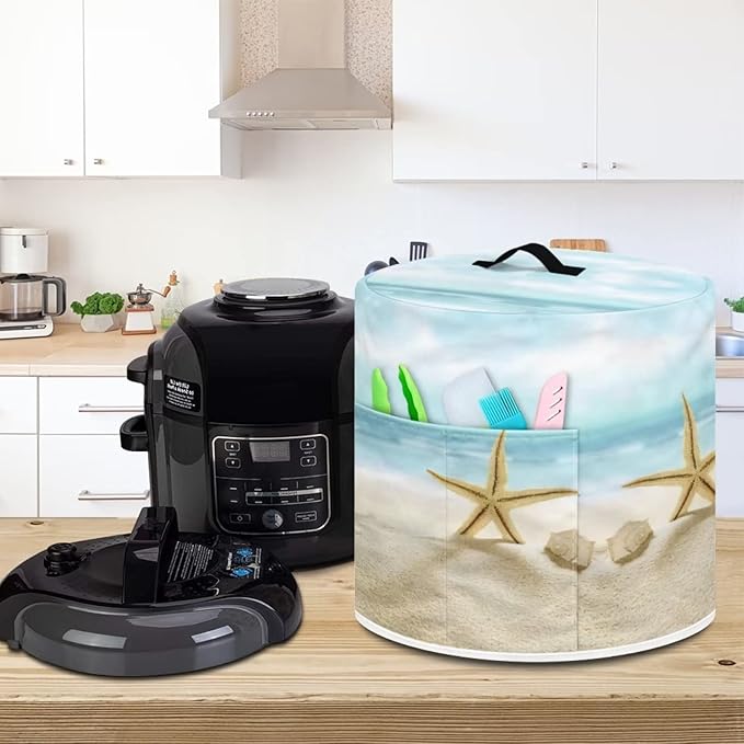 Air Fryer Dust Cover Compatible with 3 Quart, Dust Protection Insulated Kitchen Appliance Cover with Top Handle and Storage Pockets for Women Wife Gift, Beach Starfish