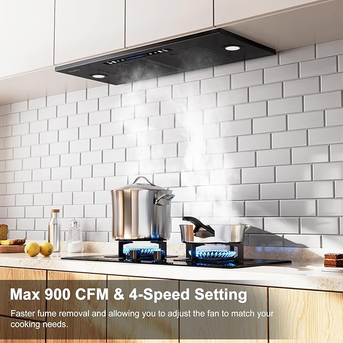 HisoHu Insert Range Hood 30 Inch / 36 Inch, 900 CFM with Ducted Convertible Ductless(Kit Included), Stainless Stee Kitchen Vent Hood with 4 Speed Exhaust(30'', Black)