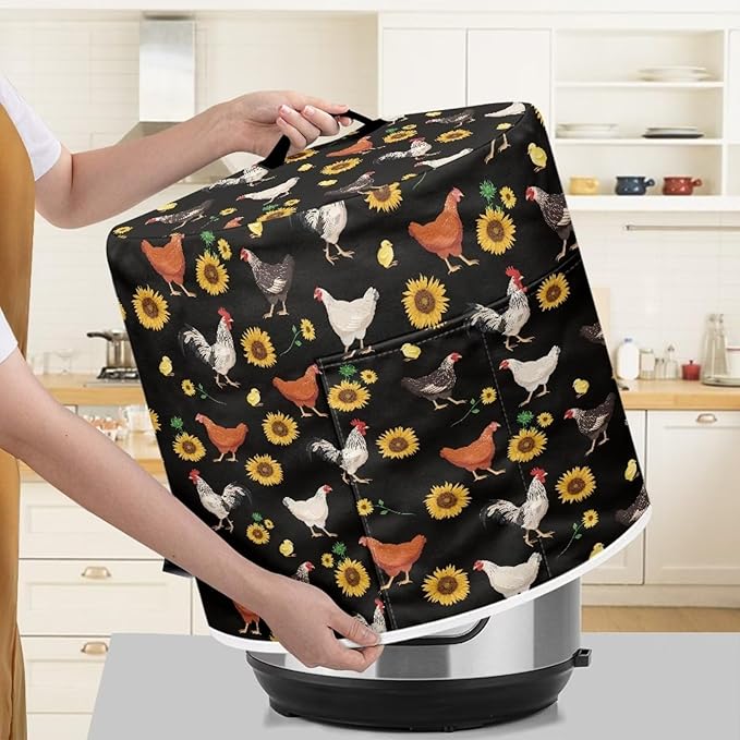 Insulated Pressure Cooker Appliance Cover, Also Fit for Rice Cooker, Air Fryer and Crock Pot, 8 Qt Dust Cover with Pocket for Spoon/Cooking Utensils/Recipes, Chicken Sunflower Black