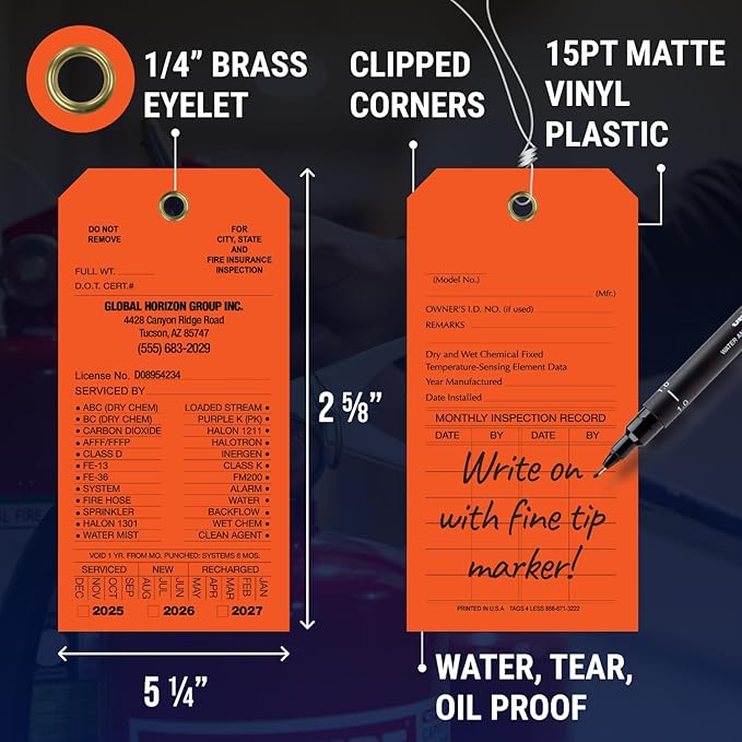 Tags 4 Less Custom Fire Extinguisher Tags – Preventative Maintenance Labels for Monthly Inspections, Alternative to Safety Sticker for Easy Record-Keeping – Pack of 100 (Orange, Vinyl Plastic)