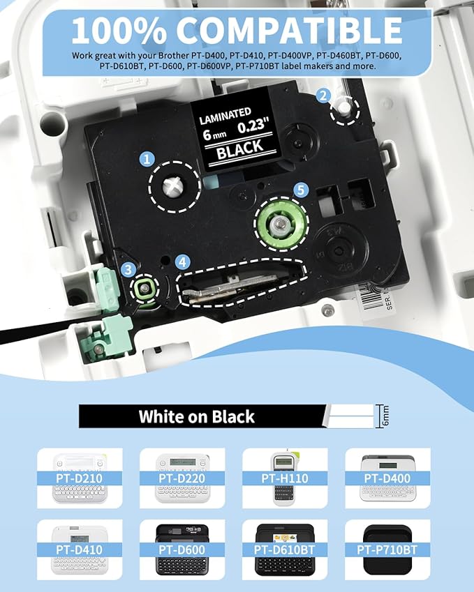 TZe TZ Tape 6mm 0.23" Laminated White on Black Replacement for Brother P Touch TZe-315 TZe315 6mm Label Maker Tape, Compatible with PT-D210 PT-D220 PT-H110 PT-D400 PT-D600, 1/4 in x 26.2 ft, 2-Pack