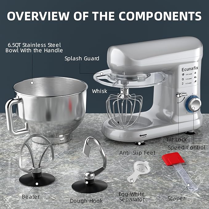 Kitchen Stand Mixer, 6.5Qt Household Stand Mixers, 660W 6+P Speed Tilt-Head Electric Dough Mixer, Food Mixers for Daily Use with Dough Hooks, Whisk, Beater