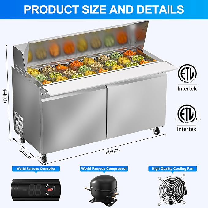 60" W Commercial Refrigerator Sandwich Salad Prep Table, 17.8 Cu.ft 2 Door Commercial Stainless Steel Mega Top Food Prep Fridge with 24 Pans, Salad Prep Station for Restaurant, Bar, Shop