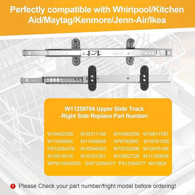 Upgraded W11259786 Dishwasher Dishrack Slide Track, Compatible With Whirlpool, KitchenAid, Kenmore, Maytag Dishwasher WPW10546503 AP6783993 PS12584377 (Right Slide)