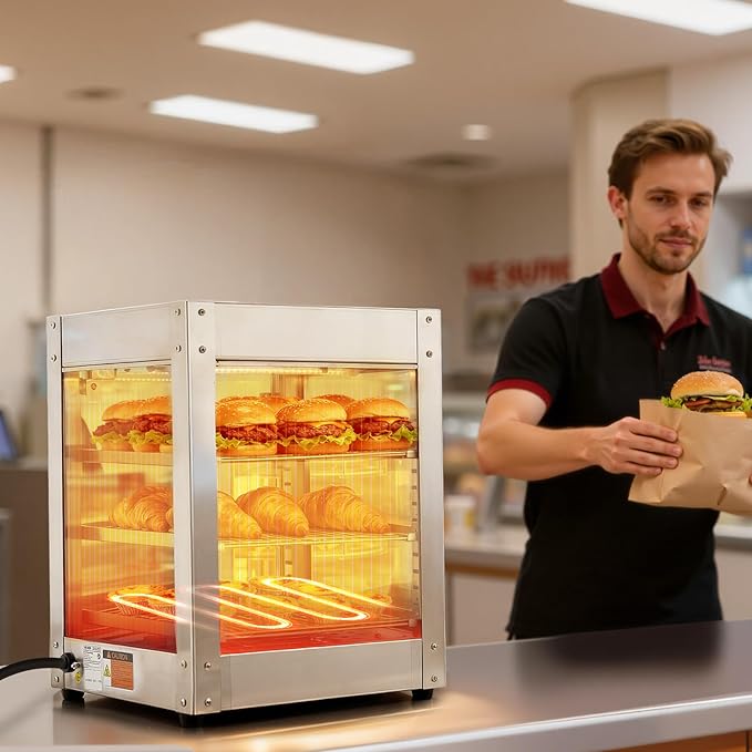 VEVOR 3-Tier Commercial Food Warmer Display, 800W Food Display Warmer with LED Light, Adjustable Shelf and Stainless Steel Frame, 86℉~185℉ Air Heating, 34L for Hamburger, Pizza, Bread, Fried Chicken