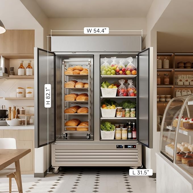 VEECOOL 54.4" W Commercial Refrigerator WiFi Enabled Stainless Steel 2 Door Reach in Fridge with Smart App Control, 49 Cu.Ft Fan Cooling Upright Fridge for Restaurant Bar Cafe Garage