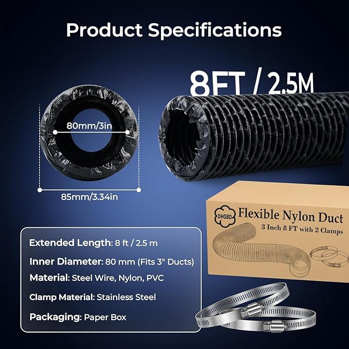 Diesel Heater Ducting 3inch 8FT, Nylon Flexible Duct Hose, Insulated Duct Vent Hose for Diesel Heater, 3D Printer, Dryer Vent, RV, Boat Blower, Ventilation Systems, Black