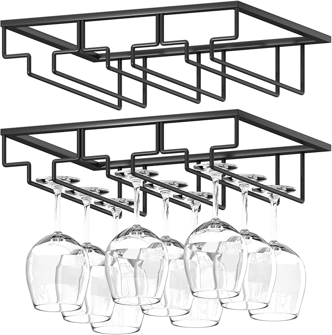 Wine Glass Rack, 2 Pack Under Cabinet Stemware Rack Wine Glass Holder, 3 Rows Black Metal Wine Glass Storage Hanger Under Shelf for Cabinet Kitchen BarWtiujhg Wine Glass Rack, 2 Pack Under Cabinet Stemware Rack Wine Glass Holder, 3 Rows Black Metal Win...