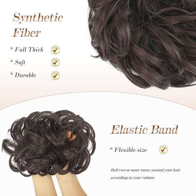 FESHFEN Large Messy Bun Hair Piece - Wavy Synthetic Chignon Scrunchies Elastic Ponytail Hair Extensions Thick Hairpieces for Women, Dark Brown 1.94oz