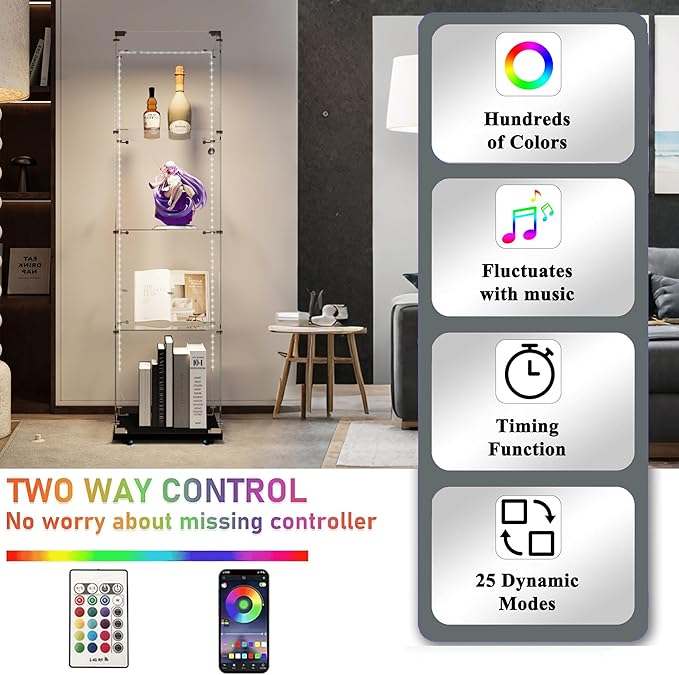 Glass Display Cabinet with LED Light Strip, 4 Shelves with 1 Door, Glass Top Curio Storage Cabinets with Lock & Caster for Living Room, Floor Standing Bookshelf, Quick Installation - Black