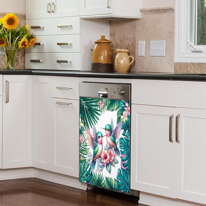 Summer Palm Leaf Bird Dishwasher Magnet Cover Summer Palm Leaf Bird Front Dishwasher Cover Decoration Reusable Magnetic Door Cover Panel Decal Home Appliances Stickers Kitchen Refrigerator 23"X26"