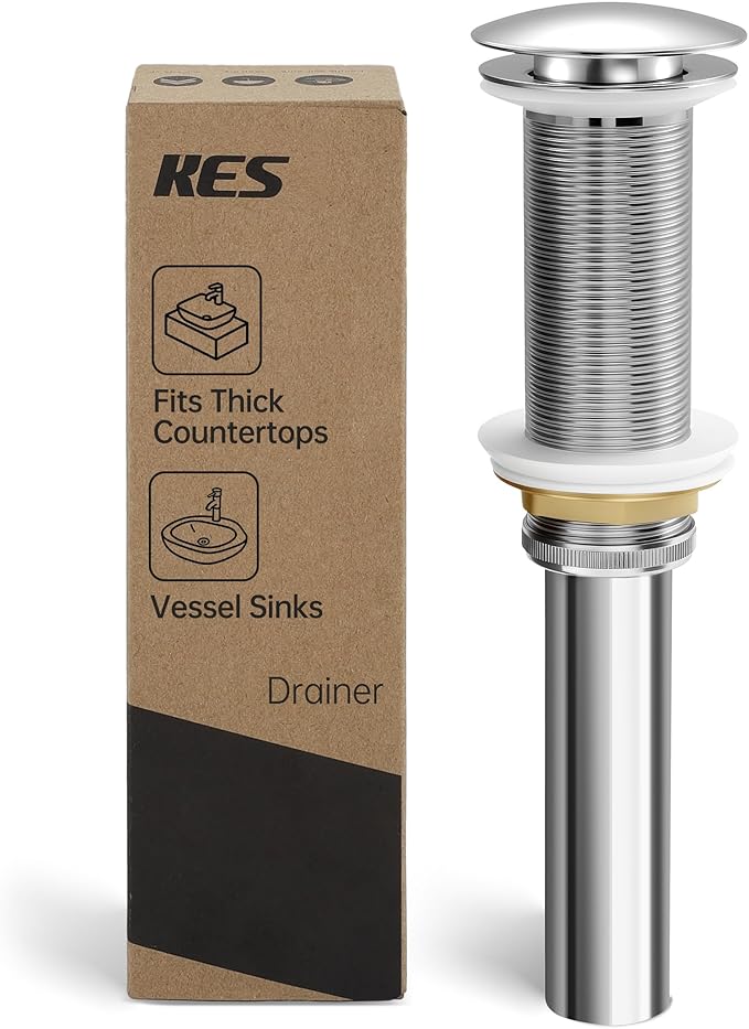 KES Polished Chrome Bathroom Sink Drain with Extended Thread, All Metal Pop Up Drain Stopper without Overflow for Thicker Vessel Sinks and Countertops, Brass and Stainless Steel, S2022D-CH
