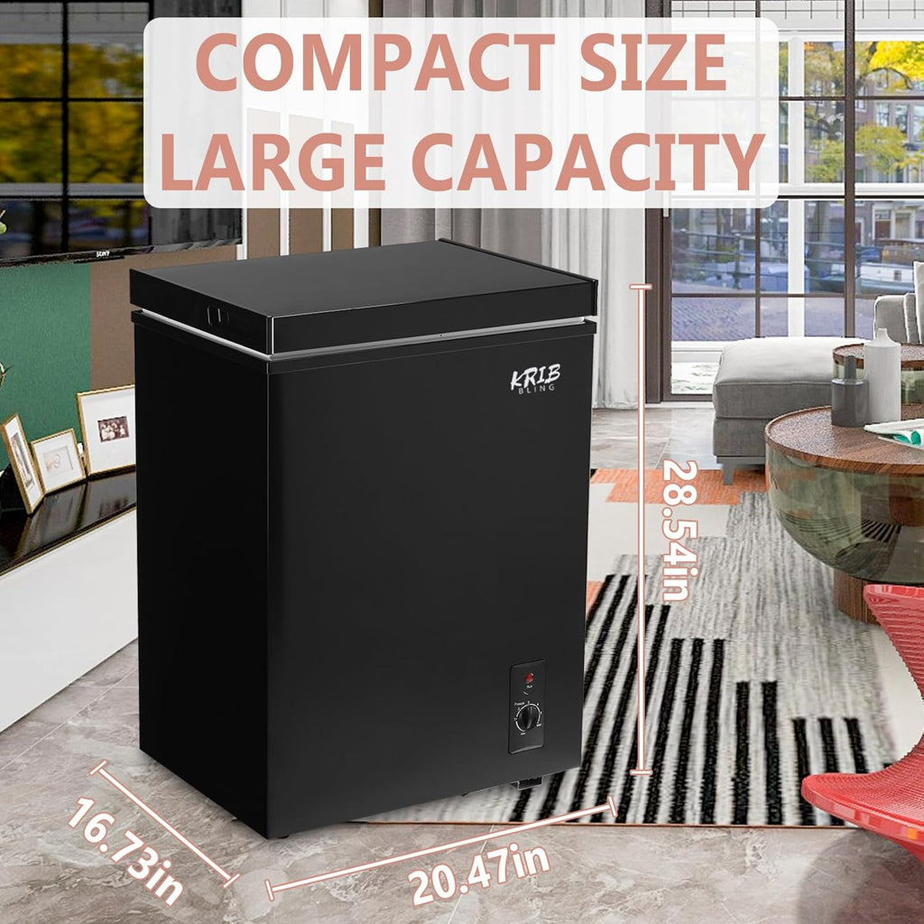 3.5 Cu.Ft Compact Chest Freezer with Removable Basket, Top Door Open Freestanding Deep Freezer with 7 Gears Temperature Adjustment, Ideal for Home, Kitchen & Office, Black