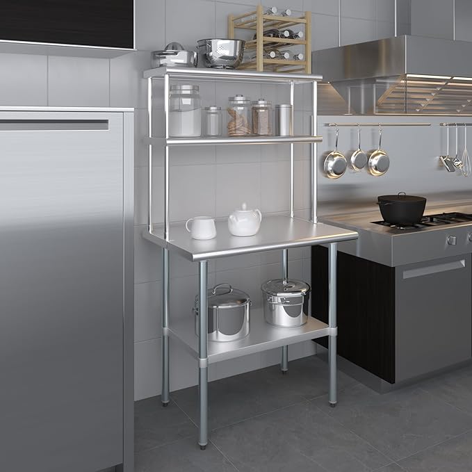 Amgood Stainless Steel Work Table Double Tier Overshelf | NSF (24" x 36" Work Table + 12" Overshelf)