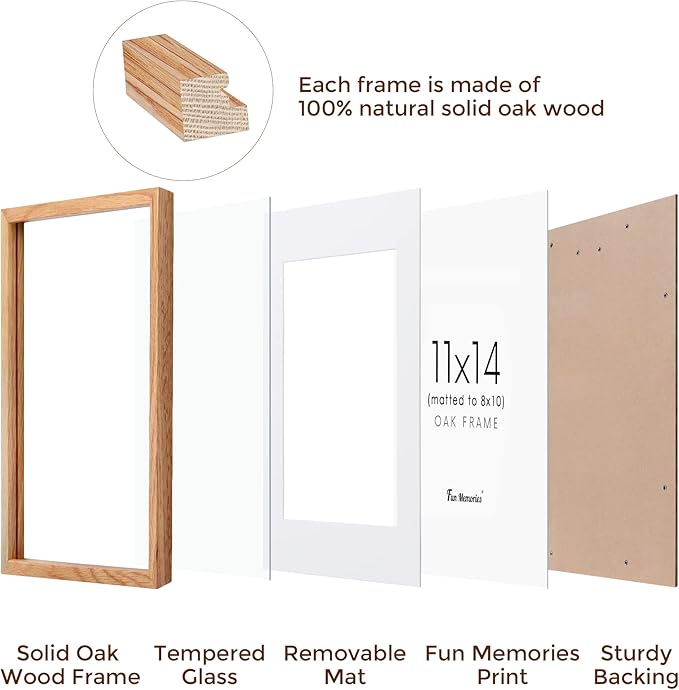 Fun Memories 11x14 Picture Frame, Solid Oak Wood 11 x 14 Photo Frames for Wall, 11 by 14 Frames with Tempered Real Glass, 11x14 Picture Frame with Mat for 8x10, Wooden Wall Gallery 11 x 14 Frame Set