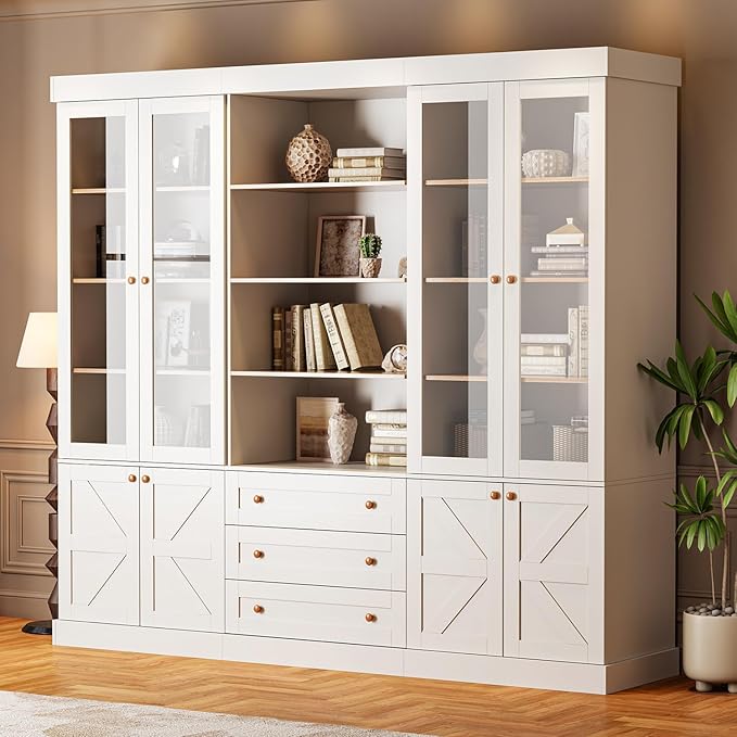 Vyre 71" Tall Farmhouse Kitchen Pantry, Large Storage Cabinets with Glass Doors, Freestanding Wood Hutch Cabinet with 3 Drawers, Adjustable Shelves for Living Room, Dining Room, Set of 3