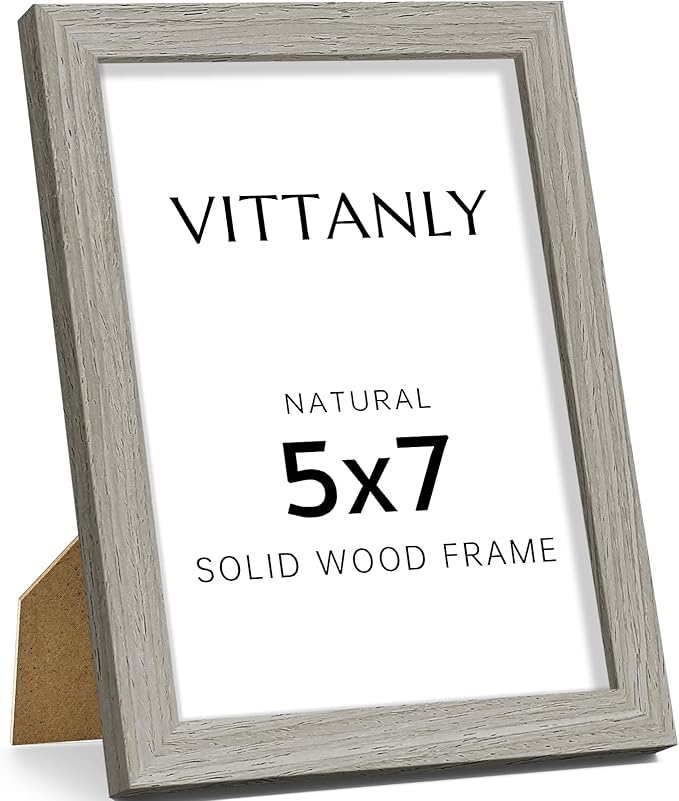 Vittanly 5x7 Picture Frame, Solid Wood Frame with Plexiglass, Includes 4x6 Mat, Wall Hanging or Tabletop for Home Decor, Grey, 1 Pack