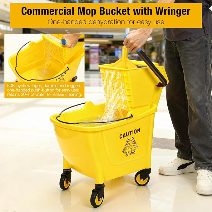 35 Qt Commercial Mop Bucket with Side Press Wringer on Wheels,Heavy Duty Industrial Mop and Bucket Set for Floor Cleaning,Including 1 Wet Floor Caution Sign for Household,Business,Yellow