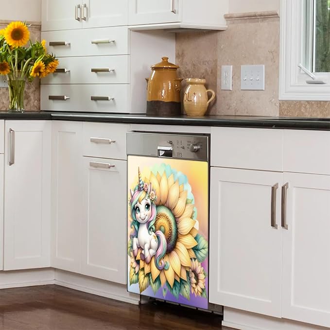 Sunflower Unicorn Dishwasher Magnet Cover for The Front Dishwasher Door Cover Panel Decals Magnetic Refrigerator Cover for Kitchen Farmhouse Home Decor 23 X 26 in