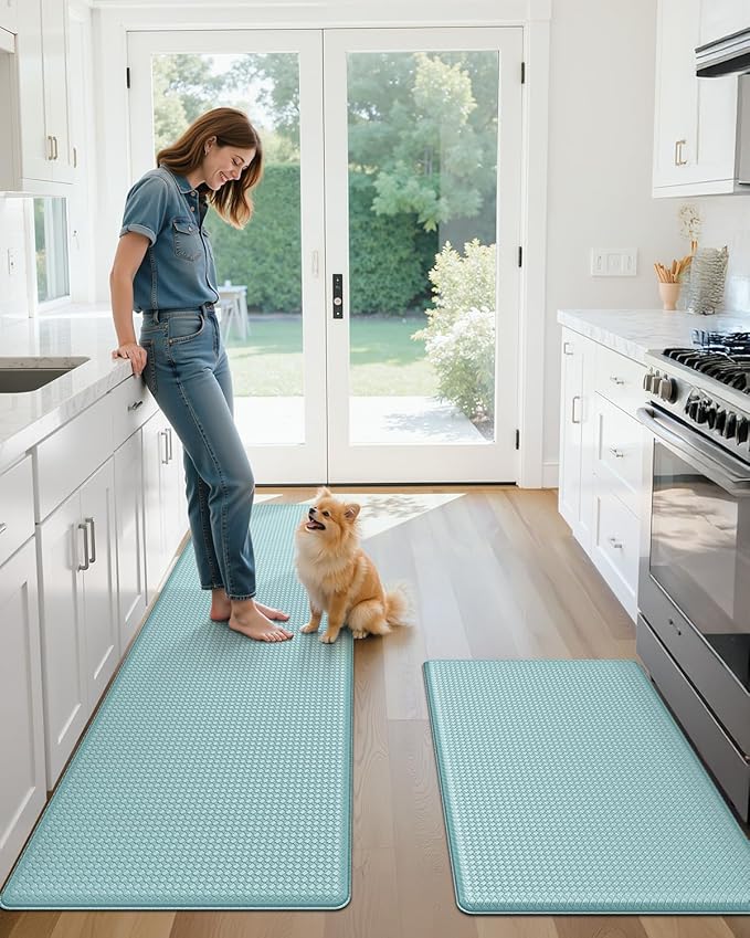 Color&Geometry Anti Fatigue Cushion Padded Kitchen Mat for Floor - 17x29+17x59,Easy Clean, Waterproof & Oil Proof, Anti Slip, Foam Rubber Runner Rug for Front Sink Comfort Standing, Teal Set of 2
