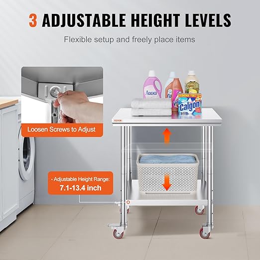 Mophorn Stainless Steel Work Table with Wheels 30 L* 24 W * 33 H Inch Prep Table with 4 Casters Heavy Duty Work Table for Commercial Kitchen Restaurant Business, Silver and Black