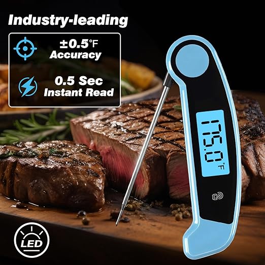 Meat Thermometer Digital Waterproof Instant Read Thermometer for Cooking Food Thermometer with Backlight & ±0.5℃ Precision Cooking Thermometer for Kitchen ℃/℉ Convertible Blue