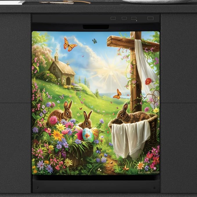Easter Bunny Cross Meadow Sun Dishwasher Magnet Cover, Reusable Refrigerator Panel Stickers Microwave Front Door Covers Magnets for Kitchen Home Appliances Holiday Party Decorations 23 X 26 in