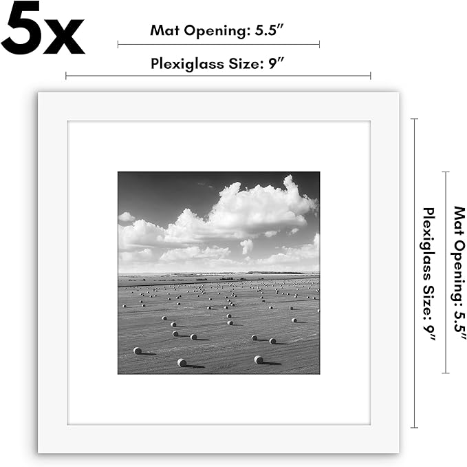 Americanflat 9x9 Picture Frame with Polished Plexiglass - Set of 5 - Use as 6x6 Frame with Mat or Display 9x9 Photo Without Mat - Galleria Collection - Square Frames for Tabletop and Wall - White